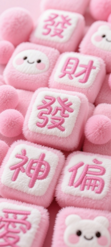 画面中是大量粉色系的毛绒方块，上面绣有 “發”“財”“神”“偏”“愛” 等字样，字体圆润可爱，颜色以粉色和白色为主，还点缀着一些粉色的毛绒球。预览效果
