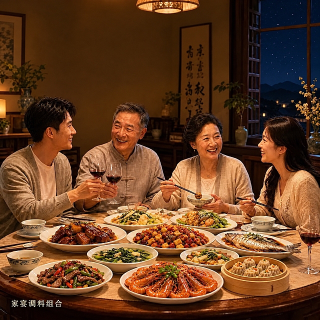去除所有中秋相关元素及文字：去掉顶部"月圆人团圆"金色大字、去掉"中秋家宴 青海好料 调出团圆味"文字、去掉"一味一相思 一家一团圆"文字、去掉左下角"中秋家宴调料组合"文字；将窗外的满月替换为普通夜晚星空夜景，去掉左侧的中秋灯笼；将桌子上的月饼替换为普通家常菜或点心；左下角文字改为"家宴调料组合"；整体氛围改为温馨日常的家庭聚餐，保留原有人物、菜品、场景布局和暖色调灯光基本不变，画面自然真实，高清质感