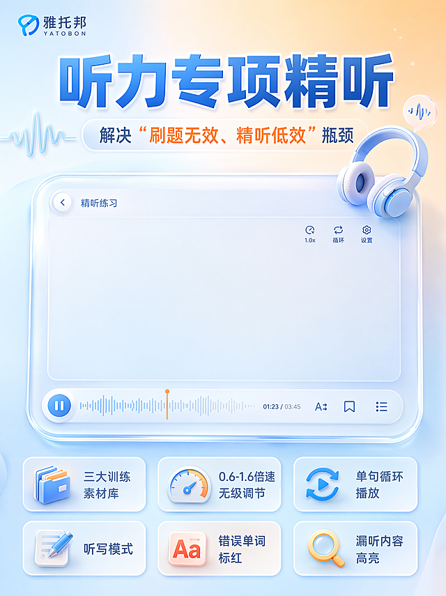 统一基础风格（6 图通用）
尺寸：3:4 竖版小红书标准比例
质感：轻 3D 立体质感 + 柔化玻璃拟态，无厚重金属质感、无冷硬机械元素
光影：自然柔和漫射光，浅阴影，通透清爽
色调：低饱和浅蓝为主色系，搭配浅紫、浅青、浅橙等莫兰迪浅渐变，整体明亮清新
布局：左上角保留雅托邦 logo，顶部标题区 + 中部截图预留区 + 底部功能标签，版式完全不变
1. 整体封面图 指令
plaintext
3:4竖版小红书封面，轻3D立体质感，清新柔和风格，低饱和浅蓝渐变干净背景
左上角放置雅托邦品牌logo
顶部大字主标题：三大AI黑科技正式上线
副标题：解锁AI雅思新玩法 全项备考一站搞定
中间主体：大尺寸圆角柔化玻璃质感框，预留产品总览截图位置（占画面60%）
四周搭配简约浅浮雕3D图标：钢笔、麦克风、耳机、书本，造型圆润轻盈
底部横向排布功能标签：AI写作精批、AI写作智能带写、AI口语教练、听力专项精听
最底部小字：学-练-考-评全闭环
整体画面明亮通透，色调清新淡雅，光影柔和，无重金属冷硬质感，视觉舒适
2. AI 写作精批 指令
plaintext
3:4竖版小红书海报，轻3D立体质感，清新柔和风格，浅蓝浅白渐变背景
左上角放置雅托邦品牌logo
顶部大字主标题：AI写作精批
副标题：解决"无人批改"难题
中间主体：圆角柔化玻璃质感界面框，预留产品截图位置（占画面60%）
两侧搭配圆润简约3D钢笔、文档图标，造型轻盈
底部功能标签：对标官方四项评分细则、逐句精改作文、语法错误标注、词汇误用修正、高分优化版本
整体色调清爽，光影自然，风格简约温柔，无厚重金属感
3. AI 写作智能带写 指令
plaintext
3:4竖版小红书海报，轻3D立体质感，清新柔和风格，浅蓝+淡紫渐变背景
左上角放置雅托邦品牌logo
顶部大字主标题：AI写作智能带写
副标题：解决"无从下笔，逻辑混乱"困境
中间主体：圆角柔化玻璃质感界面框，预留产品截图位置（占画面65%）
周边搭配简约圆润3D键盘、灯泡图标，风格轻盈
底部功能标签：12大类高频话题、逐句翻译写作模式、雅思标准五段式结构、框架写作模式、高分文章框架
画面干净明亮，配色淡雅，质感柔和不厚重
4. AI 口语教练 指令
plaintext
3:4竖版小红书海报，轻3D立体质感，清新柔和风格，浅蓝+淡青渐变背景
左上角放置雅托邦品牌logo
顶部大字主标题：AI口语教练
副标题：解决"不敢开口、发音不准"问题
中间主体：圆角柔化玻璃质感界面框，预留口语练习界面截图位置
两侧搭配圆润3D麦克风、耳机图标，点缀轻盈声波线条
底部功能标签：全真模拟考官打分、四大维度精准打分、逐句纠音、官方口语全题库、Part1-3全流程模拟
整体氛围轻松清爽，色彩柔和，无冷硬金属视觉效果
5. 听力专项精听 指令
plaintext
3:4竖版小红书海报，轻3D立体质感，清新柔和风格，浅蓝+浅橙渐变背景
左上角放置雅托邦品牌logo
顶部大字主标题：听力专项精听
副标题：解决"刷题无效、精听低效"瓶颈
中间主体：圆角柔化玻璃质感界面框，预留听力练习界面截图位置
角落搭配简约3D耳机、轻柔波形图标
底部功能标签：三大训练素材库、0.6-1.6倍速无级调节、单句循环播放、听写模式、错误单词标红、漏听内容高亮
色调温暖清新，光影柔和，整体简约耐看
6. 题库专项刷题 指令
plaintext
3:4竖版小红书海报，轻3D立体质感，清新柔和风格，浅青蓝渐变背景
左上角放置雅托邦品牌logo
顶部大字主标题：题库专项刷题
副标题：三大权威题库全覆盖
中间主体：三栏式柔化玻璃质感分区，每一栏分别预留题库截图位置
分栏标题：剑雅4-20全系列真题、独家9分真题库、实时更新当季机经真题库
底部功能标签：听说读写四科齐全、1:1全真机考模拟、多维学情诊断、学-练-考-评全闭环
整体版式规整清爽，色彩淡雅，立体质感轻盈不厚重
