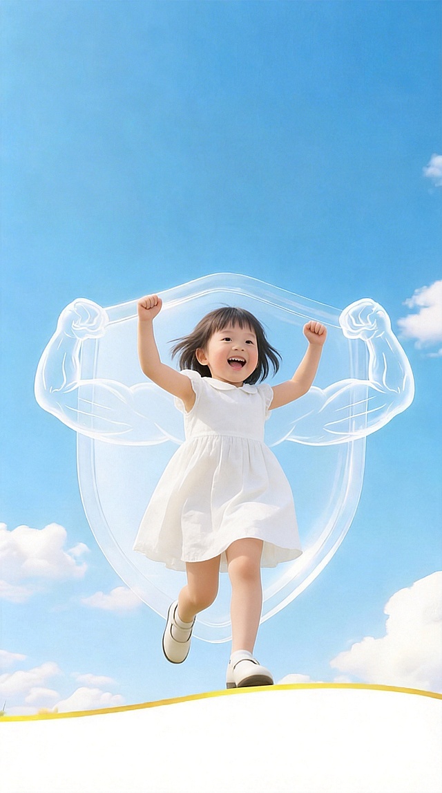将图中的小男孩替换成穿着白色小裙子和小皮鞋的小女孩，保持原有动作、背景的白色盾牌虚影和手臂肌肉虚影，以及蓝天白云主背景，画面明亮