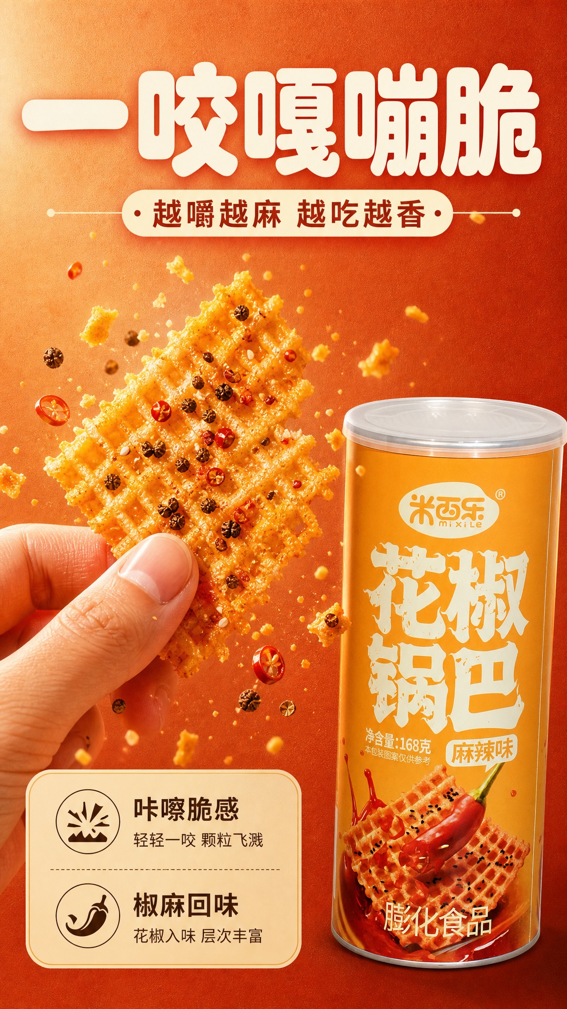 [商品] 使用【图1】米西乐花椒锅巴麻辣味罐装；商品处理：保留… - 图片创意预览