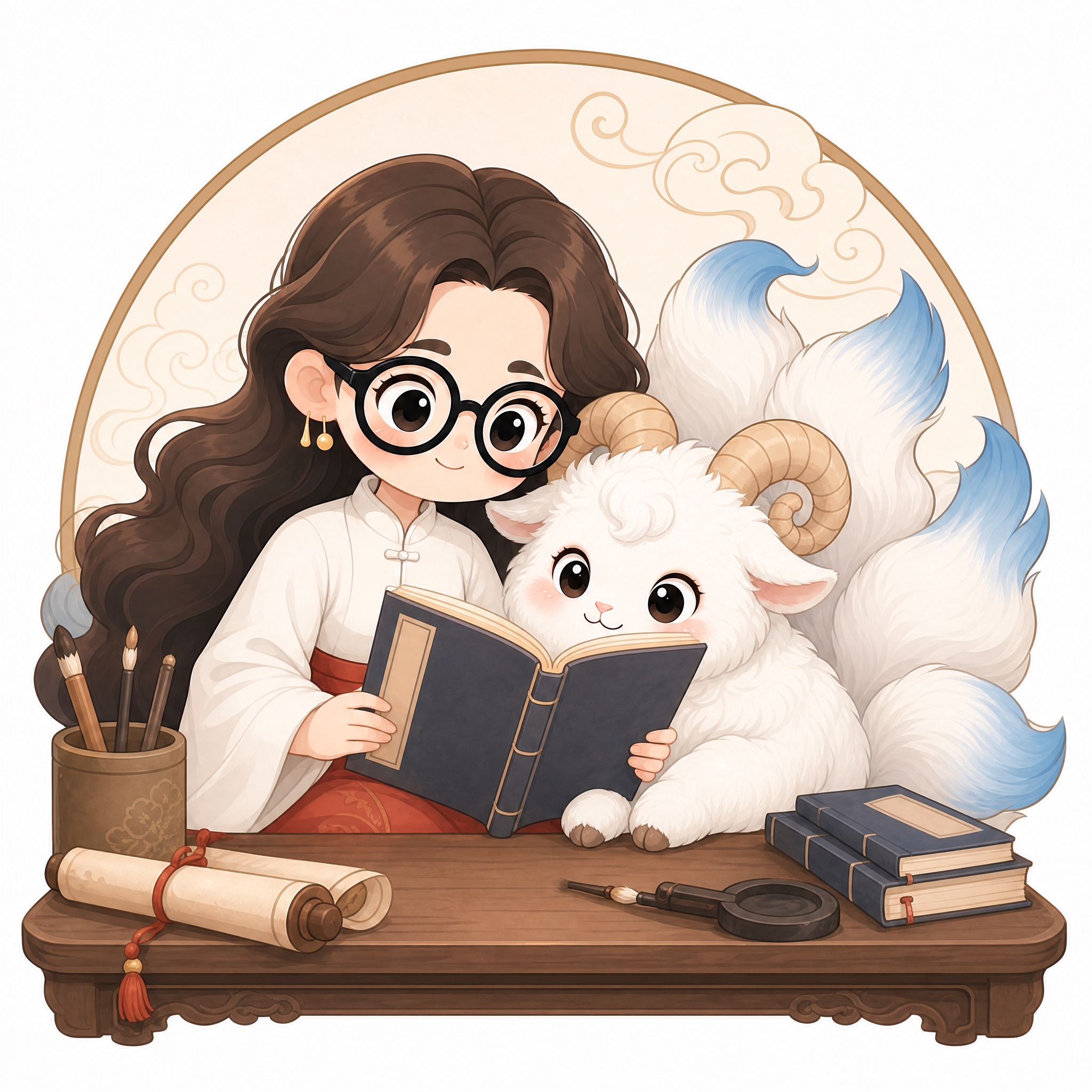 参考图中的戴黑框眼镜穿中式汉服的卡通女孩和白色九尾羊神兽，两人… - 图片创意预览