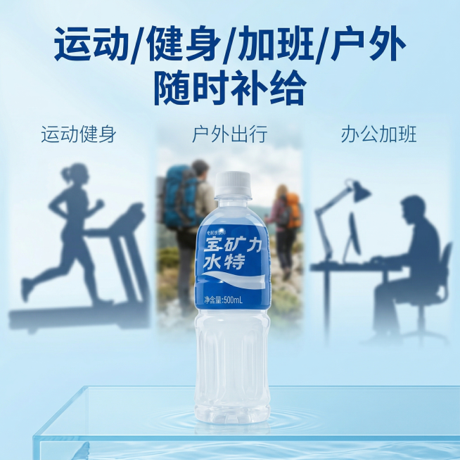 [主图 3]宝矿力水特适用多场景展示，保持产品原外观不变
[氛围/风格]生活化场景氛围，代入感强
[画面元素]宝矿力水特瓶子放置在画面中心偏下位置，背景虚化展示运动健身、户外出行、办公加班三个场景剪影预览效果