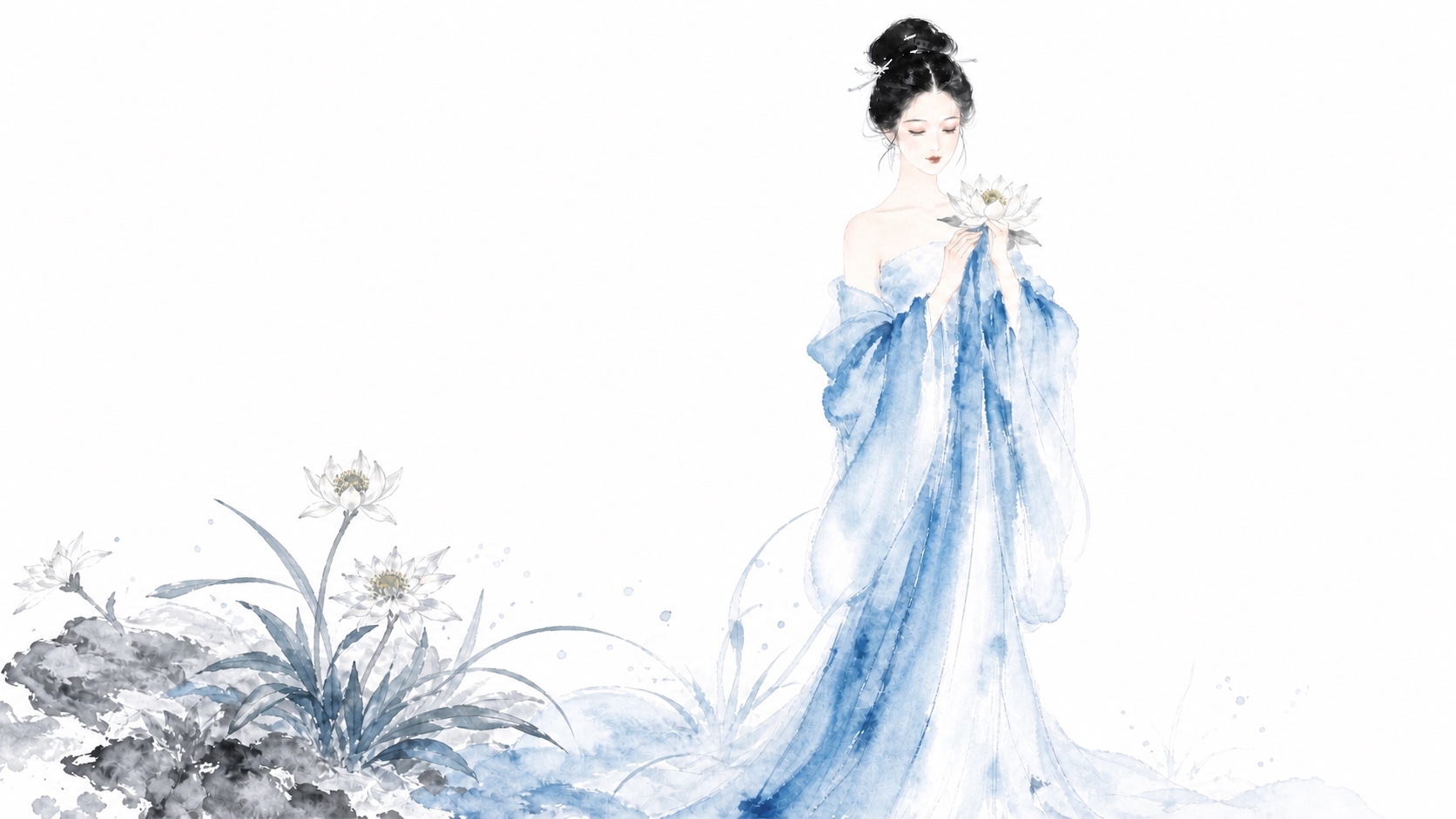 将背景改为纯白色，保留人物和花朵的水墨风格不变，去除背景中的远… - 图片创意预览