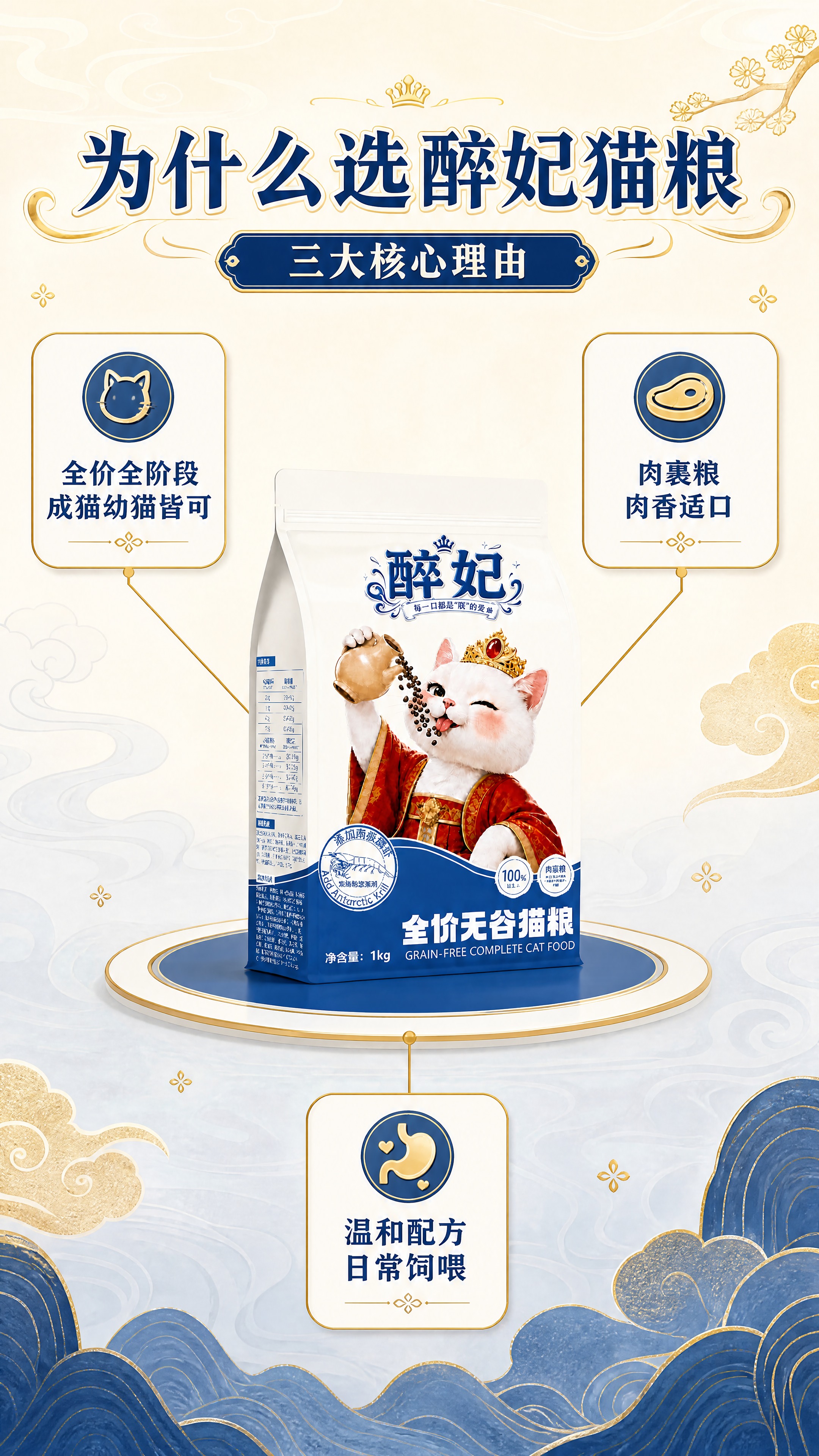 [商品] 使用【图1】醉妃全价无谷猫粮包装袋置于画面中央；保留… - 图片创意预览