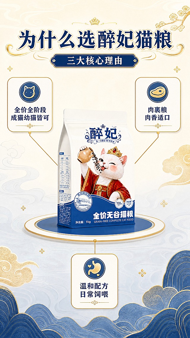 [商品] 使用【图1】醉妃全价无谷猫粮包装袋置于画面中央；保留全部包装结构、颜色、Logo与文字，产品占画面约45%。
[画面] 目标：卖点拆解页，用中心引线型呈现3点核心理由。版式：中心引线型；中部为产品包装袋正面，四周向外引出3条金色细线，分别连接左上、右上、下方三个圆角信息卡；每个信息卡对应一个核心卖点，配小图标；背景为暖米白渐变 + 淡蓝云纹底，点缀金色装饰元素；前中后景：前景三个信息卡与引线，中景产品包装袋主体，后景渐变底色与云纹；≥3层视觉层次。
[视觉] 套系策略：风格=国潮宫廷萌系商业摄影风，食品级高食欲质感；标题字=国潮宋体粗体，带轻微描边与宫廷装饰角；正文字=简洁无衬线中黑体；主色=藏青蓝 + 暖米白；背景延展=基于暖米白与藏青蓝做深浅层级、同色渐变、水纹/云纹肌理与纸质质感；强调色=金色，仅用于小面积图标、引线、标签和装饰线条；标题色=藏青蓝；正文色=深炭灰；组件=圆角白底信息卡、细金线引线、宫廷云纹分隔条；光影=均匀柔光，产品正面清晰。
[文字] 顶部主标题："为什么选醉妃猫粮"；副标题："三大核心理由"；三个信息卡文案：左上卡"全价全阶段 成猫幼猫皆可"，右上卡"肉裹粮 肉香适口"，下方卡"温和配方 日常饲喂"；每个卡配对应小图标；所有文字横向排版，信息卡内字号手机端可读。
[规格] 图片比例9:16竖版，分辨率4K，负向提示：避免功效承诺、健康医疗表述、极限词、平台名称、文字竖排、引线遮挡包装主视觉、信息卡文字过小。