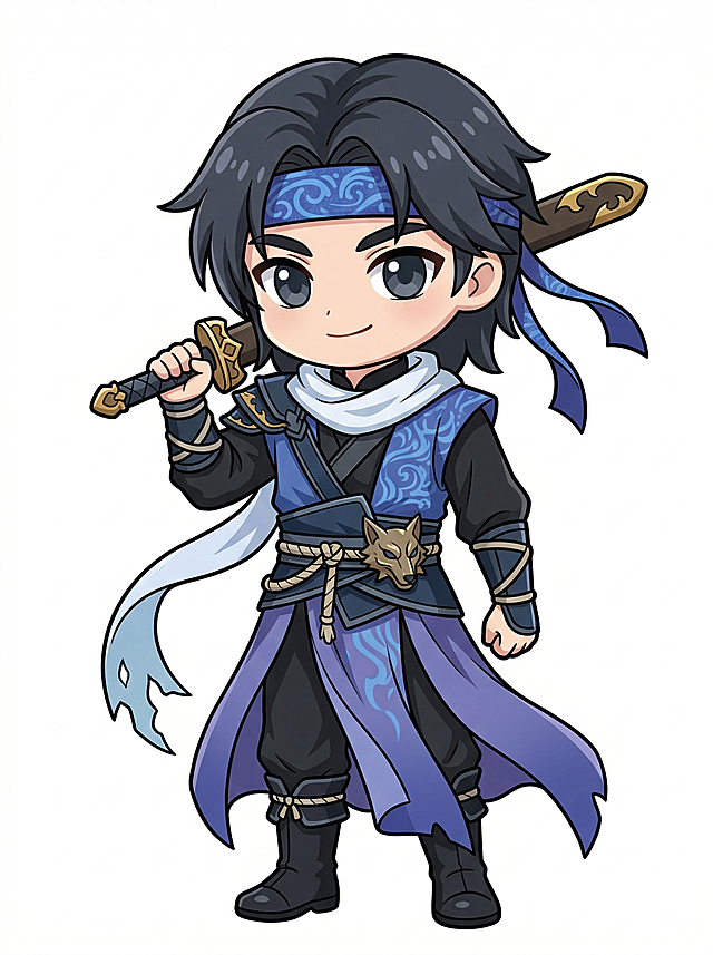 将图1中的古风武侠男性角色转换为Q版风格，参考图2的Q版风格绘制，保留角色原有的蓝黑配色服饰、佩剑、蓝色头带特征，绘制完整的全身像，保持可爱Q版比例