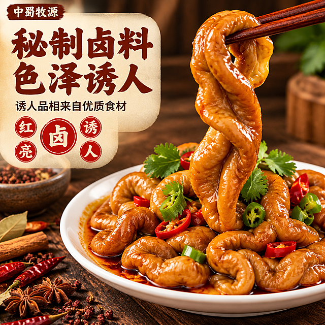 [主图-2] 主题：秘制卤料 色泽诱人，突出卤制工艺与食材品质，拼多多风格。
[统一基调] 拼多多食品爆款风格，整体暖色调食欲感，背景为中式厨房木质台面场景，主标题用粗厚红棕色书法体，辅助文案用深棕色黑体，强调字用红色印章式圆框，整体直白有冲击力。
[画面] 产品为卤肥肠，主体占画面约60%，位于画面中央偏右，一大块肥肠被红木筷子高高夹起悬在空中，展示肥肠的长度与厚实感，肥肠表面油亮反光，酱棕色均匀诱人，纹理清晰可见。下方白色圆盘中堆满卤肥肠，肥肠堆叠有层次，盘底有红亮的卤汁，表面点缀青红椒段与香菜叶。背景为深棕色木质台面，左侧散落摆放八角、桂皮、香叶、干辣椒、花椒等多种卤料食材，还有一个粗陶小碗，营造秘制卤料的氛围。整体构图突出肥肠的诱人色泽与卤料的丰富。
[光影质感] 自然暖光侧逆光，主光从右前方打来，肥肠表面形成强烈油亮高光，卤汁反光明显，阴影有层次，体现肥肠的软糯质感与卤料的干燥纹理，整体商业美食摄影质感，高清微距细节。
[配色] 主色调：酱棕色、红棕色、深木色；标题字色：红棕色；辅助字色：深棕色；强调色：正红色印章；背景色：深木色台面。
[文字版式] 左上角放置文字信息区，半透明米白色圆角底衬。主标题大字两行：第一行「秘制卤料」，第二行「色泽诱人」，字体粗厚有力量，红棕色。主标题下方一行辅助文案：「诱人品相来自优质食材」，深棕色小字号。再下方四个圆形印章式图标排列：左上「红」左下「亮」中间大「卤」右上「诱」右下「人」，红色圆框白字，中间卤字最大。左上角顶部放置品牌名「中蜀牧源」小标识。文字不遮挡肥肠主体。
[输出要求] 1:1正方形，2048*2048像素，文字清晰可读，产品高清细节，肥肠形态自然真实，禁止变形、错字、模糊、杂乱背景、水印、平台Logo、虚假宣传词。禁止出现拼多多官方标识。