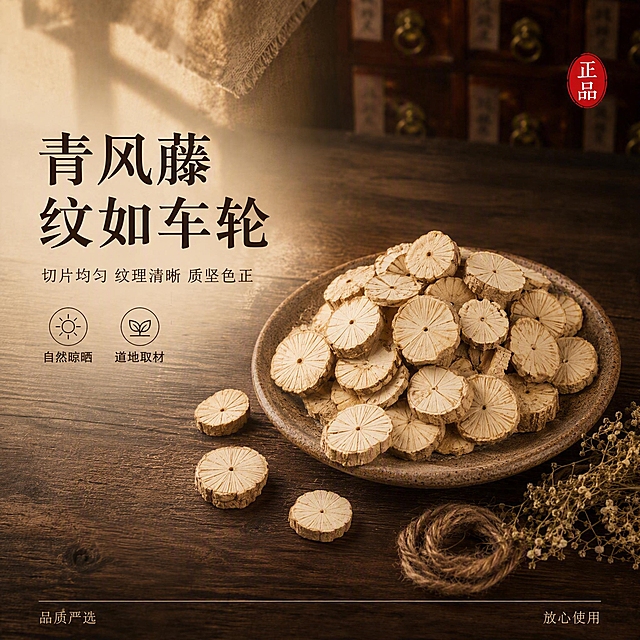 [副图-青风藤] 青风藤单品药材副图，延续首图暖木国风风格。
[画面主体] 画面中央偏右位置，一只粗陶浅盘中堆叠盛放青风藤切片，切片呈浅黄白色圆形，断面有明显放射状纹理与髓部，层层堆叠；盘边散落3-4片青风藤切片作点缀。青风藤外观（颜色、放射状纹理、形状、厚度）与输入产品图中的青风藤保持绝对一致，杜绝变形和色差。产品主体占画面约55%。
[构图版式] 左文右物型。左侧约35%为文案区，右侧为青风藤主体展示。
[场景元素] 背景为深棕色老榆木桌面，纹理温润；背景虚化处可见中式药柜抽屉一角与麻布帘，与首图场景一致；陶盘旁放置一小段麻绳与干花作点缀；盘底在木面投下柔和阴影；整体景深中等，背景虚化突出主体。
[文案版式] 左侧负空间左对齐排版。
主标题（两行，粗宋体，深棕近黑色）：
「青风藤」
「纹如车轮」
副文案（主标题下方，细宋体，棕褐色，字号约1/3）：
切片均匀 纹理清晰 质坚色正
副文案下方2个线稿图标+短句（棕褐色）：
自然晾晒  道地取材
画面底部极细分隔线，线下小字：
左「品质严选」 右「放心使用」
[光影质感] 左上方45°柔和窗光，青风藤切面放射状纹理清晰可见，浅黄白色泽自然；整体光线温暖柔和，暗部有层次，无硬阴影；传统药铺沉静氛围。
[配色字体] 主色暖木棕；辅助色青风藤浅黄白色；强调色朱红印章（右上角小圆形「正品」印章，面积<3%）。字体宋体为主，黑体说明，传统雅致。
[比例分辨率] 1:1比例，800x800像素，2K清晰度，文字清晰锐利。
[负向提示词] 变形，文字错乱，药材模糊，背景杂乱，水印，电商平台Logo，多余的手，人物面部，现代包装，颜色偏差，悬浮感，硬切边缘。