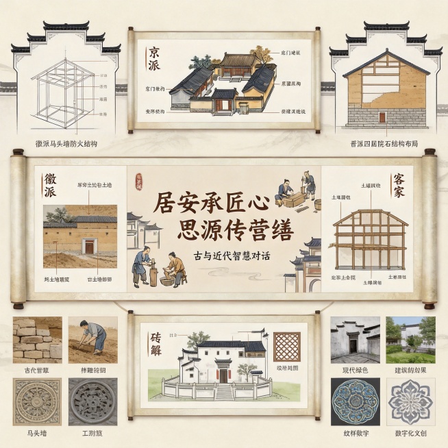 中式卷轴补充组件标注细节与示意图，包含徽派马头墙防火结构、客家土楼夯土墙受力、北京四合院中轴线布局、晋派民居土石结构示意图，夯土墙夯筑、榫卯衔接、砖雕窗棂、马头墙砖缝细节图，古今营缮工艺、纹样呈现对比预览效果
