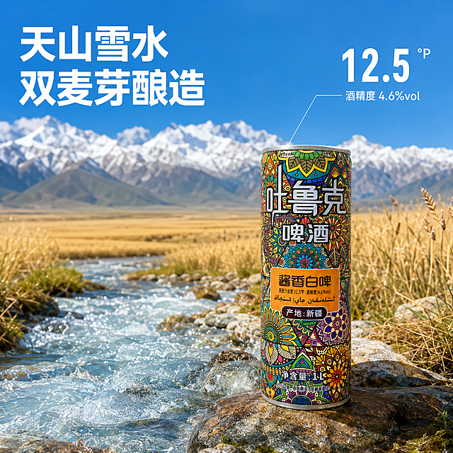 第一张图的啤酒杯，。或者换个更好看的杯子。第二张图，帮我把全麦芽换成双麦芽酿造，第五章图片的左侧的那个倒出来啤酒的图片瓶子和现实的产品不同，请帮我删除，其他都保留。如果还能有一张带有包装和啤酒瓶子以及有一杯倒满啤酒的杯子一起，还包括你上面写的这些产品信息