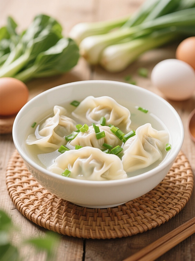 一碗盛在白色瓷碗中的馄饨，馄饨皮薄馅大，漂浮在清澈的汤中，汤面上撒着翠绿的葱花，碗放在编织的餐垫上，周围摆放着新鲜的蔬菜和鸡蛋，整体呈现出温馨、家常的氛围，光线明亮柔和，色彩自然真实，构图饱满，突出食物的质感和新鲜感。