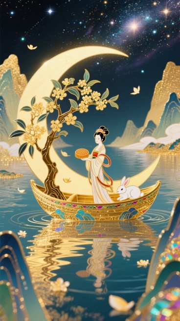 非遗珐琅工艺风格，画面上方是灿烂的宇宙星河，画面下方是五彩斑斓的江水，江水两岸是山峦，江水中间是一弯月亮船，船旁边有一棵仙气飘飘的桂花树，飘零几片桂花花瓣，月亮船上有仙气飘飘的嫦娥，嫦娥在画面的中心，预览效果