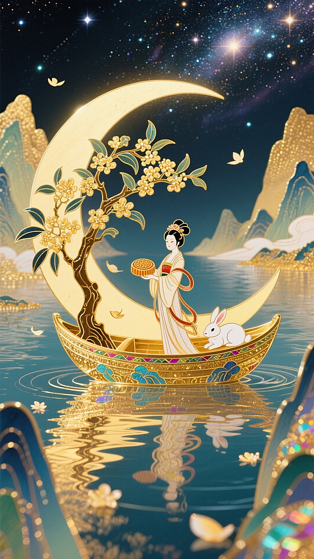 非遗珐琅工艺风格，画面上方是灿烂的宇宙星河，画面下方是五彩斑斓的江水，江水两岸是山峦，江水中间是一弯月亮船，船旁边有一颗仙气飘飘的桂花树，飘零几片桂花花瓣，月亮船上有仙气飘飘的嫦娥，嫦娥在整体画面的中心，手拿着月饼，玉兔在月亮船上安稳得睡着，整体是金灿灿的暖色调