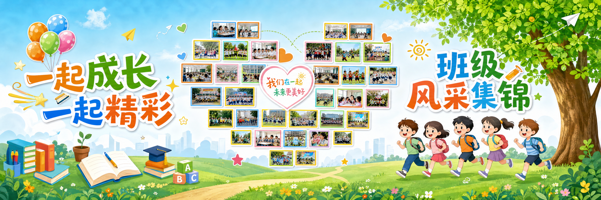 重新生成小学班级风采集锦照片墙，尺寸为宽535厘米高120厘米，交换左右区域位置：左侧放置一起成长一起精彩文字、气球和书本，右侧放置班级风采集锦标题和奔跑学生，照片保持心形排列，右侧保留完整绿叶大树造预览效果