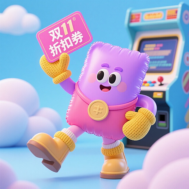 软3D风格的拟人化充气玩偶，手持“双11折扣券”牌，卡通感十足，梦幻蓝粉配色，融合波普艺术元素，传递双11节日促销氛围。