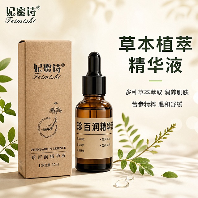 [主图-1] 首图品牌调性，突出妃蜜诗珍百润精华液的草本植萃专业品质形象。
[统一基调] 整体风格温润自然、专业品质感；背景主色为米白渐变搭配浅草木绿点缀；标题字色为深墨绿，辅助字色为深灰；强调色为草木绿；字体为干净非衬线体，主标题粗体醒目，辅助文字纤细清晰；卡片与图标采用细线圆角极简样式。
[画面] 产品（棕色滴管瓶+牛皮纸盒）居中偏左放置，占画面约65%，瓶身与纸盒并排呈45度微俯视角度，瓶身标签文字清晰可见"珍百润精华液"，纸盒正面"妃蜜诗"品牌名与苦参图案完整。产品周围轻柔漂浮几片新鲜苦参叶片、一小段草本植物枝条和两滴晶莹透明的精华液滴，背景为柔和的米白色渐变，底部有淡淡的圆形光斑和植物投影，营造天然草本纯净氛围。左上角放置妃蜜诗品牌Logo，简洁不抢主体。
[光影质感] 高级商业静物摄影质感，柔光箱主光从左上方45度打下，瓶身玻璃有自然高光反射，纸盒牛皮纸纹理清晰，底部有柔和接触阴影，整体通透温润，无硬阴影。
[配色] 主背景米白渐变，点缀浅草木绿叶片与深墨绿文字，整体色调统一自然，不突兀。
[文字版式] 主标题在右侧竖排或右上横排，大字"草本植萃精华液"，下方小字"多种草本萃取 润养肌肤"，再下方一行"苦参精粹 温和舒缓"。文字放在右侧负空间，不遮挡产品主体。字体统一为非衬线体，主标题最大最粗，辅助文字缩小60%。
[输出要求] 比例1:1，2048x2048像素，产品清晰不变形，文字清晰可读，无错字。负向：变形、错字、模糊、杂乱背景、水印、平台Logo、生产厂家信息、夸张功效承诺、医疗暗示。