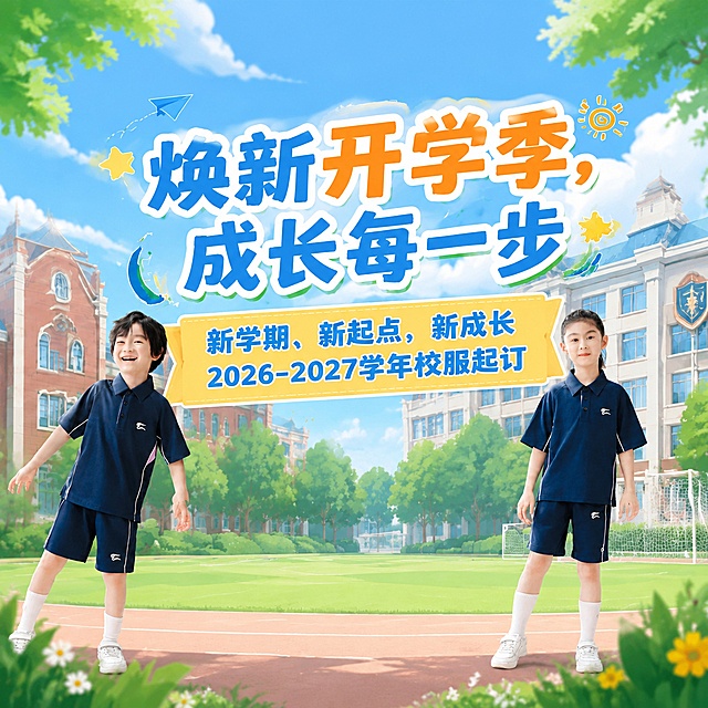 将现有海报调整裁剪为160*160的正方形尺寸，保留核心视觉元素：主标题"焕新开学季，成长每一步"，副标题内容，两个小朋友模特和高档学校插画背景，保持所有文字清晰可读，风格和配色与原图保持一致，适配方形展示需求