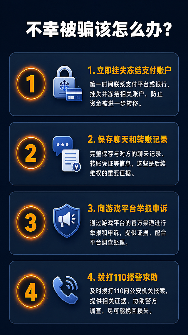 [第5屏] 遭遇诈骗后的应对步骤。
[氛围/风格] 实用指导风格，清晰步骤指引，冷静理性，让用户一目了然知道该怎么做。
[元素布局] 顶部大标题，下方从第一步到第四步纵向排列应对步骤：1. 立即挂失冻结支付账户；2. 保存聊天和转账记录；3. 向游戏平台举报申诉；4. 拨打110报警求助。每个步骤带编号圆形醒目标记，配对应功能小图标，文字说明跟在图标右侧，每一步间距均匀。
[光影质感] 编号圆形区域高亮突出，步骤背景浅蓝灰色块区分，文字清晰可见，整体明暗对比适中。
[配色色系] 全局底色#0F172A（深蓝）；步骤背景#1E293B（浅蓝灰）；编号圆圈#F59E0B（警示橙）；文字白色，对比清晰。
[视角构图] 纵向列表式排版，从上到下依次阅读，留白充足。
[文字版式] 顶部标题"不幸被骗该怎么办？"白色加粗居中；每一步编号+标题加粗橙色，说明文字白色左对齐，字号清晰适合手机阅读。
[比例分辨率] 宽高比9:16，4K分辨率，文字清晰可读。
[负向提示词] 文字错乱，变形，水印，颜色偏差，背景杂乱，结构错误，第三方联系方式，极限词。