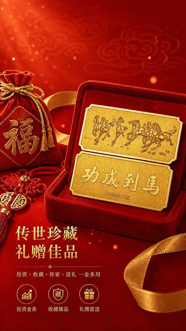 将金条上的文字“50g”修改为“10g”，保持金条的金色质感、字体风格、大小和位置完全一致，其余画面元素（红色背景、福袋、中国结、红色绒盒、八骏图案、马到成功文字、底部文案和图标）均保持不变，整体画面风格统一，光影和质感与原图一致