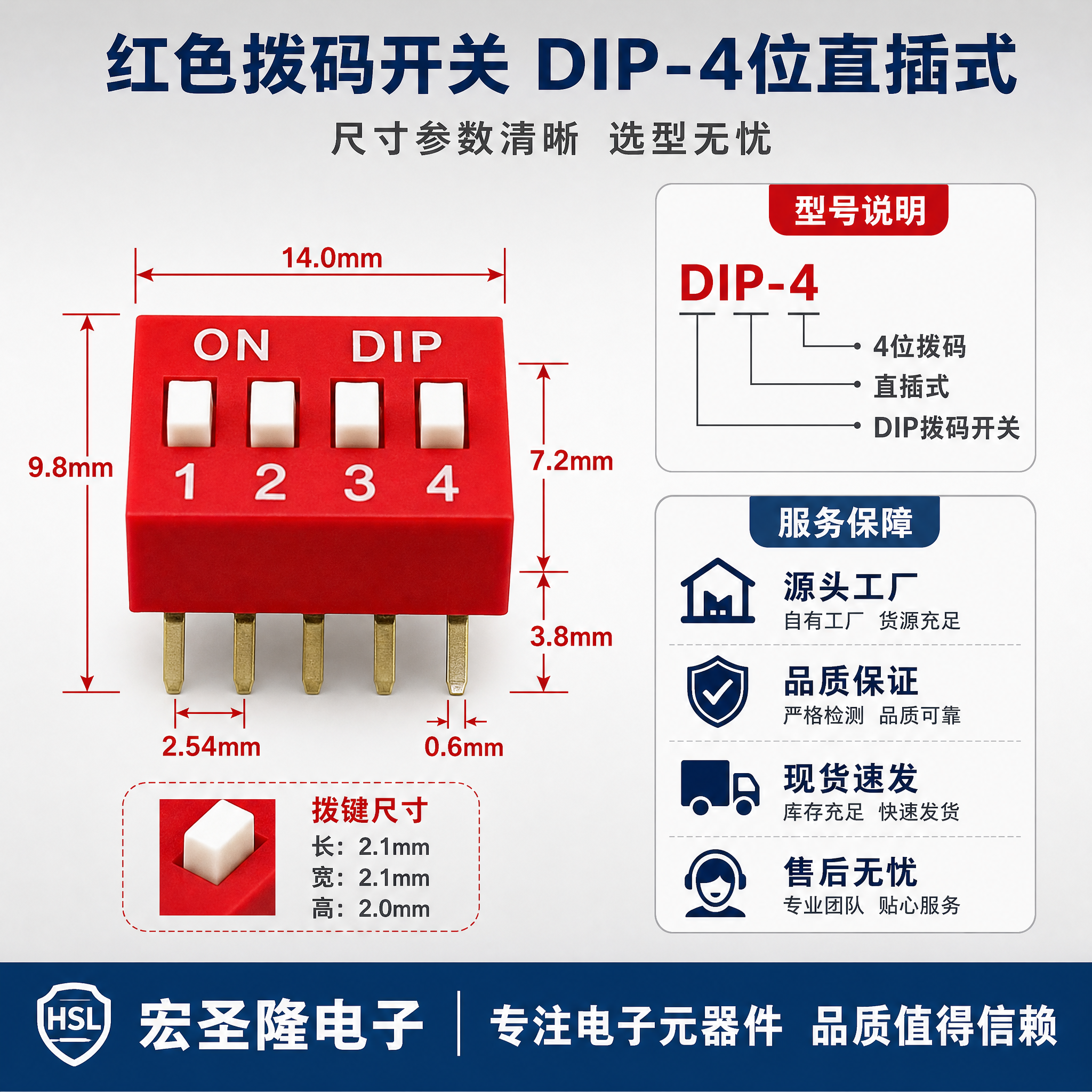 [主图-5] 红色拨码开关 DIP-4位直插式 尺寸参数与服务… - 图片创意预览