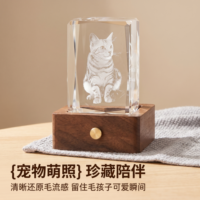 [主图 6] 卖点展示，聚焦宠物萌照定制；[氛围风格] 温馨治愈ins风，暖色调柔和春日氛围；[画质] 商业摄影质感、光线柔和通透、产品清晰真实、画面干净高级；[元素] 保持3D水晶内雕产品外观（物理预览效果