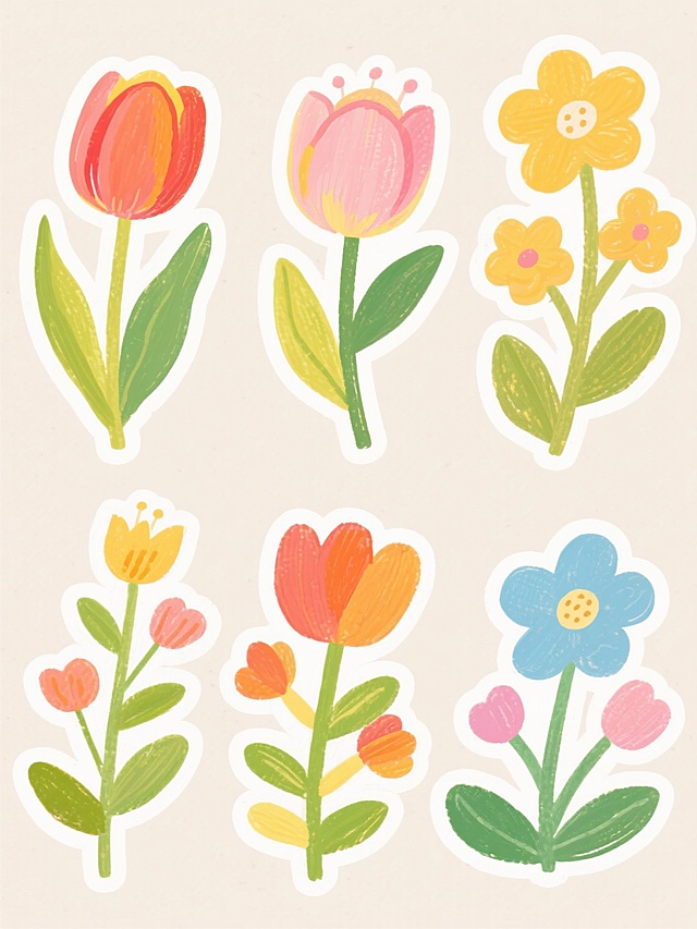 六个不同配色、不同样式、不同纸张材质的植物贴纸元素，采用手绘油画质感，色彩明快鲜艳，笔触厚重且带有明显的肌理效果，浅色背景上规律排列，包含郁金香、花朵等植物图案，整体风格温馨可爱，具有儿童插画般的活泼感和艺术气息。