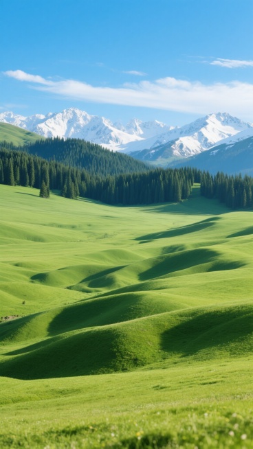 超高清写实风景摄影，广阔的绿色草原如波浪般起伏，远处是覆盖着皑皑白雪的连绵山脉，山间点缀着茂密的墨绿色松树林，天空湛蓝澄澈，飘着几缕淡淡的白云，整体画面呈现出宁静、开阔、生机勃勃的自然氛围，光线明亮柔和，色彩饱和且层次分明，构图采用由近及远的纵深视角，展现出草原、森林、雪山与蓝天的和谐交融。预览效果