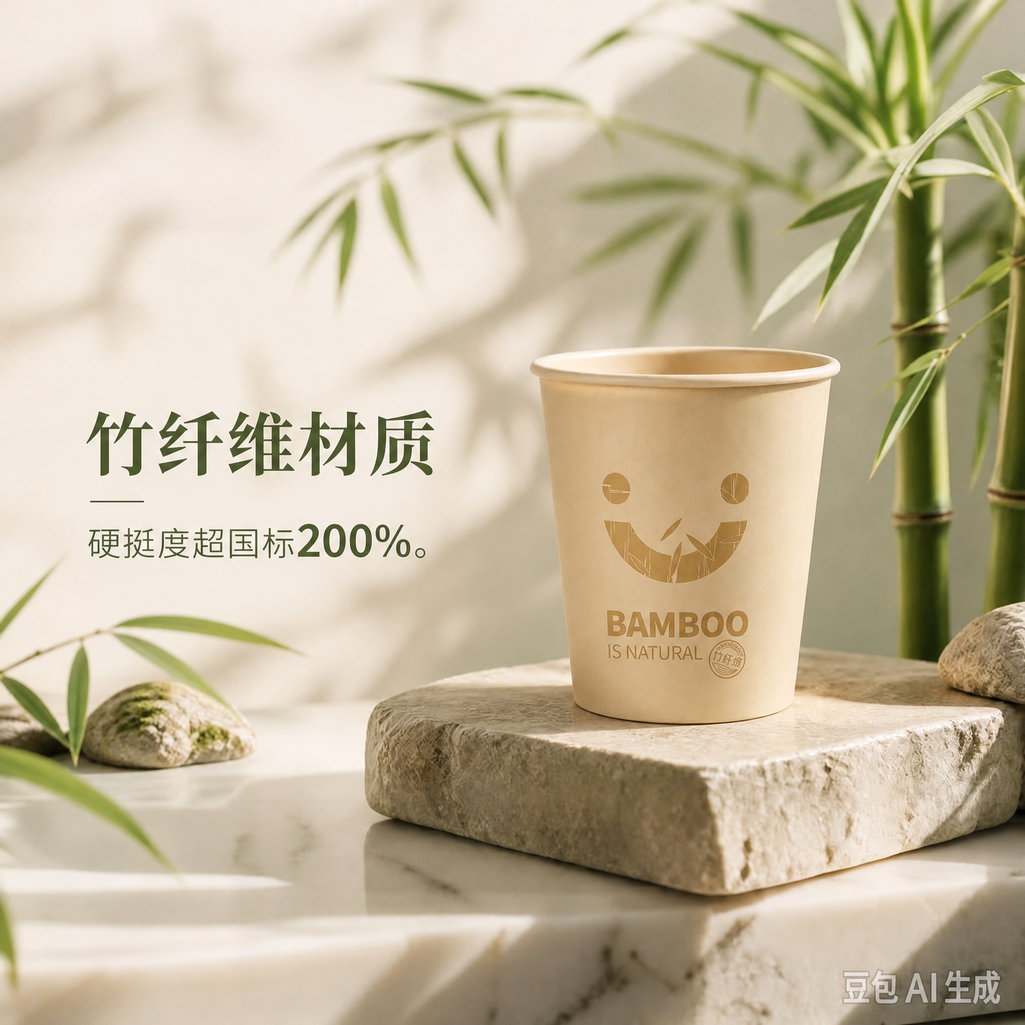 保持参考图1的场景构图完全不变 包括石台上的纸杯位置 背景的竹… - 图片创意预览