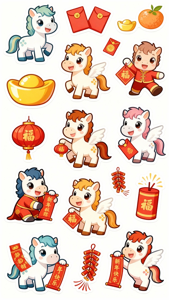 可爱卡通小马拟人化设计，扁平插画风，融合剪纸元素，手持福字、灯笼与红包，喜庆新春氛围浓厚。