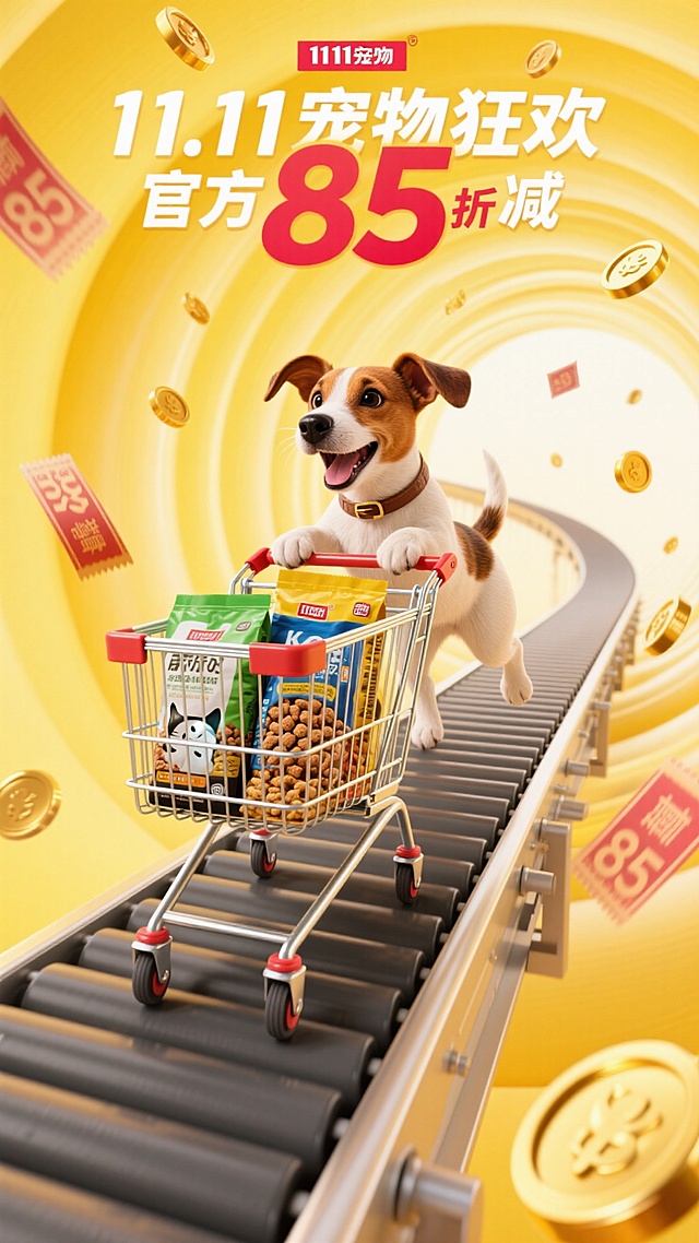 3D拟人风小狗推购物车，重拟物质感结合波普艺术色彩，金属风轨道与鎏金金币环绕，营造双十一促销狂欢氛围，萌趣十足。