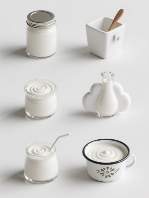 一张展示6款不同造型酸奶容器的系列素材集合海报，采用高度写实的3D渲染风格，纯白纯色背景，每个容器中都装着表面带有完美螺旋状奶油质地的浓稠白色酸奶，酸奶表面光滑细腻并带有自然的高光反射，容器底部有轻微的阴影增强立体感。6个酸奶容器造型完全不同，包括但不限于：圆柱形玻璃罐配金属盖、方形陶瓷杯配木勺、六边形塑料盒带卡扣、水滴形玻璃瓶无盖、云朵造型硅胶杯配吸管、复古风格搪瓷碗带花纹，所有容器均采用透……预览效果