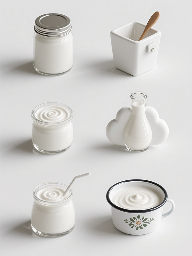 一张展示6款不同造型酸奶容器的系列素材集合海报，采用高度写实的3D渲染风格，纯白纯色背景，每个容器中都装着表面带有完美螺旋状奶油质地的浓稠白色酸奶，酸奶表面光滑细腻并带有自然的高光反射，容器底部有轻微的阴影增强立体感。6个酸奶容器造型完全不同，包括但不限于：圆柱形玻璃罐配金属盖、方形陶瓷杯配木勺、六边形塑料盒带卡扣、水滴形玻璃瓶无盖、云朵造型硅胶杯配吸管、复古风格搪瓷碗带花纹，所有容器均采用透明或白色系材质，以突出酸奶主体。容器呈2行3列的规整网格状排布，间距均匀，整体构图简洁平衡，视觉层级清晰，符合现代简约设计感，能高效传达产品多样性信息，适合作为酸奶产品系列展示素材。