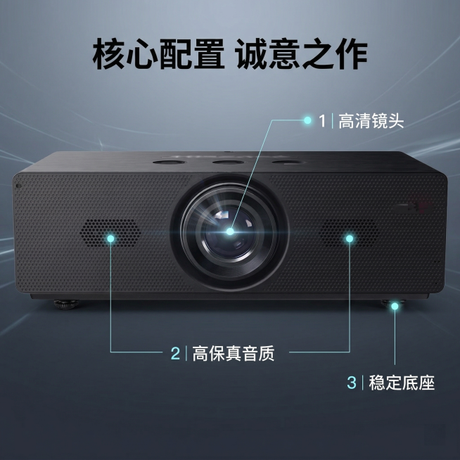 基于原图生成投影仪主图第二张，保持产品外观与原图一致。核心卖点展示，科技简约风格，深灰蓝色渐变科技背景，产品居中。用极细浅蓝色引线连接产品各核心部位，引线末端配浅蓝色光点，分别标注："高清镜头 | 高预览效果