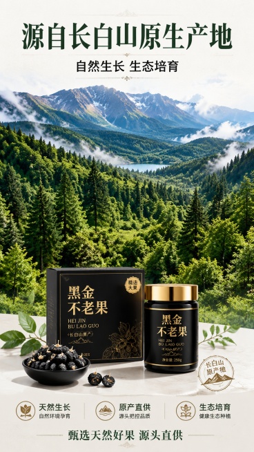[第2屏] 黑金不老果长白山原产地展示屏。
[氛围/风格] 自然清新生态风，高清山林实景质感，突出产地天然纯净优势。
[元素布局] 上半部分展示长白山原始森林实景，郁郁葱葱山林占据画面60%以上，放大预览效果
