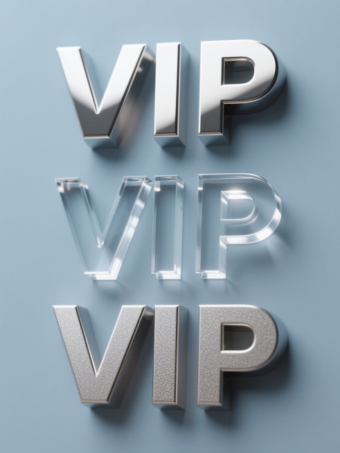 纯色背景上，三个相同造型的“VIP”立体字母组合以规整网格排布形成系列素材集合，每个字母组合保持原有的立体结构和轮廓特征但变换为完全不同的材质质感：第一个为高反光金属材质，表面有清晰的镜面反射和高光点；第二个为透明玻璃材质，具有通透感和轻微的折射效果，边缘有柔和的光晕；第三个为哑光金属材质，表面柔和无强烈反光，带有细微的磨砂颗粒感，整体画面色彩变换为统一协调的新色调，保持简洁现代的设计感和清晰……预览效果