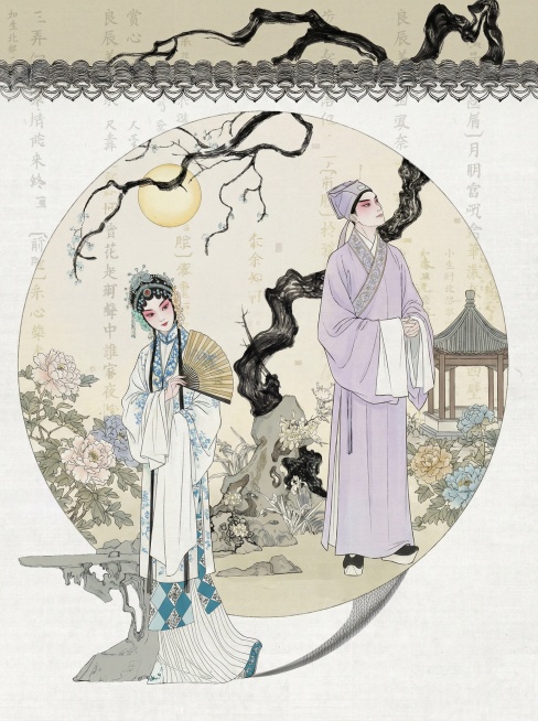 中国风昆曲主题插画，国风工笔线描结合淡彩平涂风格，圆形构图，绘制昆曲戏曲人物，背景搭配中式古典元素，点缀古诗词水印文字，整体色调柔和雅致，线条细腻流畅，带有宣纸纹理质感，古典氛围感预览效果