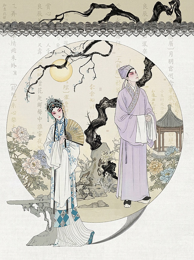 中国风昆曲主题插画，国风工笔线描结合淡彩平涂风格，圆形构图，绘制昆曲戏曲人物，背景搭配中式古典元素，点缀古诗词水印文字，整体色调柔和雅致，线条细腻流畅，带有宣纸纹理质感，古典氛围感