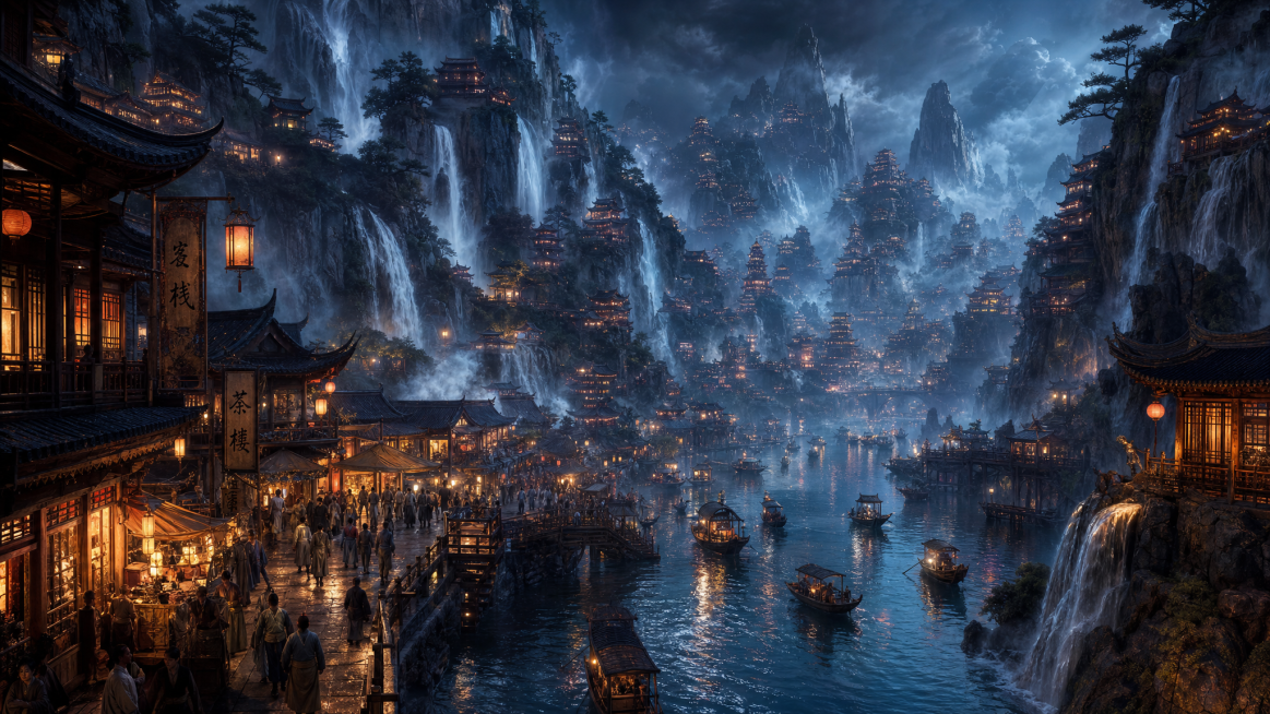 上古东方山水仙城秘境，奇峰瀑布下的临水夜市，史诗级中式美学场景，极繁主义细节，极致空间深邃纵深感，兼具恢弘仙气与市井烟火气，高角度斜向纵深构图，以江面与瀑布为引导线，强化从近景市井到远景奇峰的多层级空预览效果