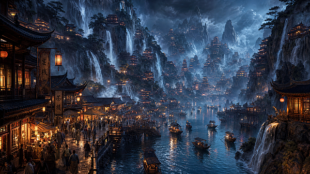 上古东方山水仙城秘境，奇峰瀑布下的临水夜市，史诗级中式美学场景，极繁主义细节，极致空间深邃纵深感，兼具恢弘仙气与市井烟火气，高角度斜向纵深构图，以江面与瀑布为引导线，强化从近景市井到远景奇峰的多层级空间延伸感，打造“瀑布仙城”的深邃透视效果，画面两侧层叠而上的奇峰峭壁，山体上瀑布飞流直下，水雾氤氲，奇松扎根岩缝；依山势而建的中式仙宫楼阁群，飞檐翘角、雕梁画栋，灯火通明的窗棂与宫灯点缀其间，建筑与山体融为一体，隐入雾霭深处，临江的市井步道与码头，步道上往来的古装人群熙攘热闹，摊位林立；江面之上，乌篷船往来穿梭，水面倒映着灯火与瀑布的光影，强化场景的层次感与纵深感，雾雨朦胧的冷调夜空，云层低垂，远方的奇峰轮廓在薄雾中渐次模糊，瀑布的水雾与云雾交织，通过建筑的高低错落、雾霭的虚实层次、光线的明暗渐变，极致放大场景的深邃感与空间张力，仙宫的飞檐斗拱、雕花窗棂、青瓦纹理、宫灯的光晕、市井摊位的木质结构，奇峰的岩石肌理与奇松，细节可放大赏析，瀑布的水流与水雾、江面的倒影与波纹、人群的服饰褶皱与动态、雾霭的朦胧效果，微观层次饱满，采用“近暖远冷、近实远虚”的光影逻辑，近景市井灯火暖黄明亮，中景仙宫与瀑布的光影在雾雨中朦胧柔和，远景夜空与奇峰泛着冷调柔光，通过明暗对比与虚实渐变强化深邃感，整体光影层次丰富，氛围感拉满，建筑的木质与石材质地、奇峰的岩石肌理、瀑布的水流与水雾、江面的镜面反光、雾霭的朦胧湿润感，8K超写实渲染，极致细节质感，中式仙侠美学，国风史诗，极繁主义构图，秩序井然的元素堆叠，通过多层级空间与光影打造极致深邃感，UE5渲染，8K超清，电影级调色，景深效果，HDR，ultra realistic, epic cinematic，没有西方建筑元素、现代科技、畸形结构、模糊纹理、杂乱色彩、过曝/死黑区域，没有人物畸形肢体，没有破坏空间纵深感的平面化构图