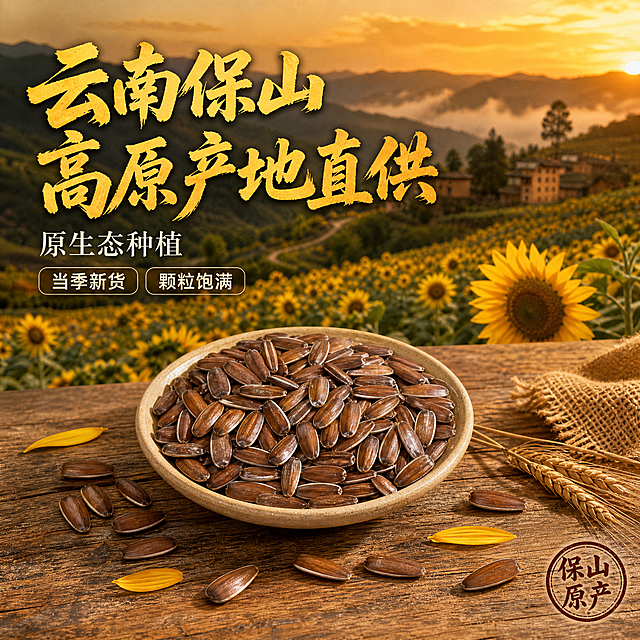 [单张主图] 云南保山红皮瓜子 高级氛围感主图 产地溯源+产品展示 抖音1:1电商主图
[画面主体] 前景偏下位置摆放一小碟红皮瓜子（葵花籽），瓜子颗粒饱满、红棕色外壳带自然光泽，部分瓜子微微翘起展示纹理；碟子为浅米色粗陶小碟，质朴乡村感。瓜子外观（颜色、形状、大小、红皮质感、纹理细节）必须与输入产品图完全一致，杜绝变形和色差，精细化处理。瓜子主体占画面约35%-45%，完整不裁切。
[构图版式] 大字场景海报型 高级氛围感版式。上半区用超大中文主标题压住视觉，产品置于中下方真实承托物上，背景为云南保山山地向日葵田园远景，整体自然田园风。
[场景元素] 背景是云南保山山地向日葵种植田园风光远景：连绵起伏的山坡上种满金黄色向日葵花田，层层叠叠延伸至远山，天空是暖橙色黄昏霞光，有轻薄的云雾缭绕山间，远处隐约可见几间土黄色乡村农舍和几棵高大的核桃树，田埂蜿蜒。中景是一片向日葵花田近景，几朵向日葵花盘清晰可见，花瓣金黄饱满。前景除了小碟瓜子外，旁边散落十几颗红皮瓜子，搭配几片向日葵花瓣、一小束干麦穗、一块粗麻布边角，瓜子放在老旧原木桌面上，桌面有自然木纹和使用痕迹。画面整体前中后景分层清晰，景深中等，背景虚化柔和突出前景瓜子。
[文案版式] 左上偏上位置左对齐排版，留足安全边距。主标题两行大字：第一行"云南保山"，第二行"高原产地直供"，字体为粗笔刷书法体，字形厚重有飞白，暖金黄色字，带轻微深棕阴影，字号最大。主标题下方一行副文案："原生态种植"，细宋体，米白色，字号约为主标题的三分之一。副文案下方两个圆角小标签横向排列：左边标签"当季新货"，右边标签"颗粒饱满"，标签为半透明深棕色底+米白字，小字号。底部右下角一个圆形印章式标识："保山原产"，红棕色印章风格，尺寸小巧不抢主体。所有文字清晰可读，不遮挡瓜子主体。
[光影质感] 黄昏暖金色逆光为主光源，从画面右后方山边斜射下来，光线柔和温暖，在瓜子表面形成自然高光和通透感，瓜子壳纹理清晰有光泽。左侧有柔和的环境补光，暗部有层次不发黑。桌面和碟子投下自然柔和的长阴影。整体暖光乡村田园氛围，通透不灰蒙，无廉价HDR。
[配色字体] 主色调：暖金黄色（向日葵+霞光）、红棕色（瓜子+印章）、米白色（文字+碟子）；辅助色：深木色（桌面）、远山黛青色；强调色：暖金。字体：主标题粗笔刷书法体，副文案细宋体，标签文字简洁黑体。字重对比强烈，主标题最大最醒目。
[比例分辨率] 1:1正方形比例，2K超高清，文字清晰锐利，商业摄影质感，高清写实。
[负向提示词] 变形，文字错乱，瓜子模糊，背景杂乱，水印，电商平台Logo，畸形瓜子，悬浮感，硬切边缘，多手多指，人物面部扭曲