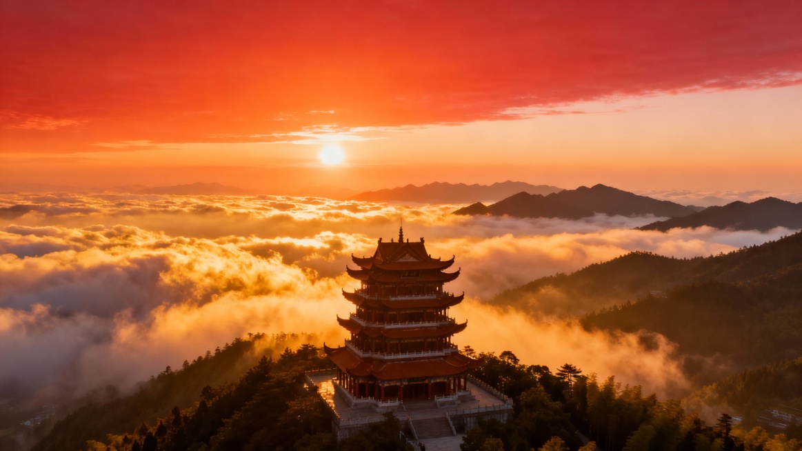 旭日东升方案：井冈山日出云海为景，镇海楼立于霞光中，橙红渐变，传递鸿运当头的蓬勃朝气，适用主题汇报预览效果