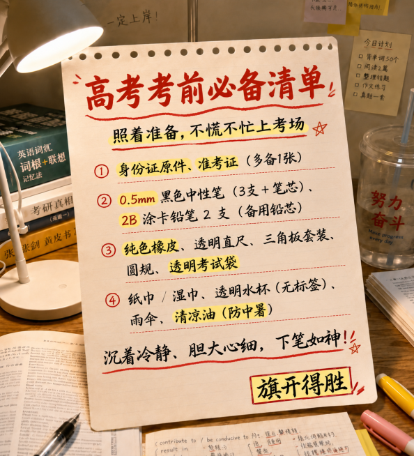 「图片1」参考图片风格，重新生成画面内容：大标题“高考考前必备清单”，小标题“照着准备，不慌不忙上考场”，（1）身份证原件、准考证（多备1张）；（2）0.5mm 黑色中性笔（ 3 支 + 笔芯）、2B预览效果
