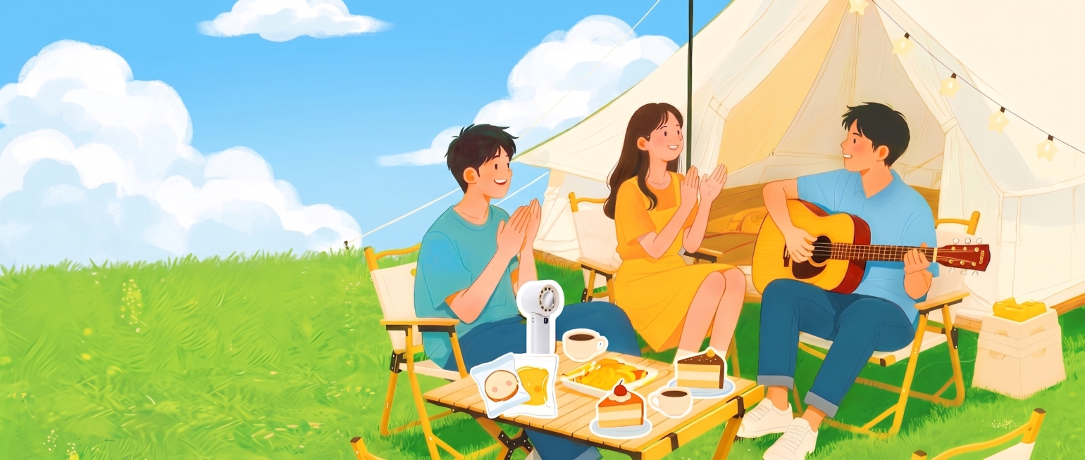 去掉图片左侧的帐篷和树林，替换为干净的蓝天白云，保留原图右侧的人物、野餐、帐篷和前景物品内容，保持插画风格不变预览效果