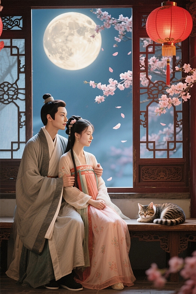古装情侣，男左女右，坐在雕花窗边长凳上。两人笑容甜蜜灿烂看窗外，男生搂着女生。窗外圆月照侧脸笑容，窗台趴着打盹狸猫，红灯笼光影的喜庆氛围和窗外樱花飘落。
