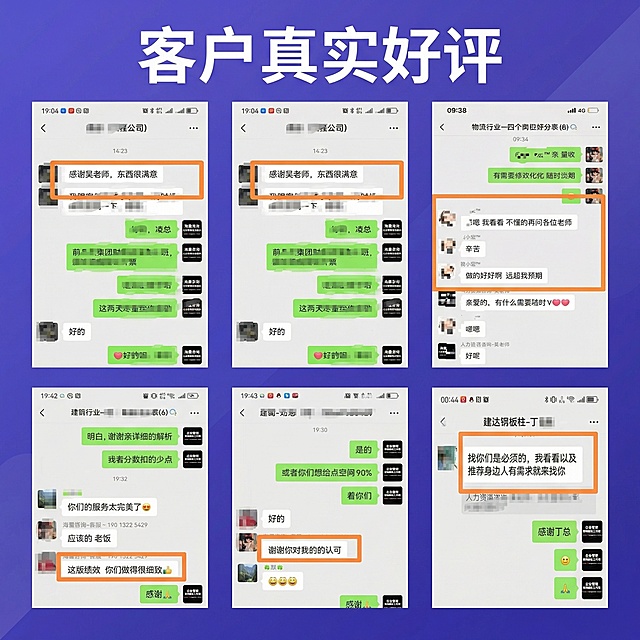 企业管理咨询服务客户好评展示主图，一比一正方形尺寸，整体风格参考第一张参考图，采用紫蓝色渐变背景，专业商务风格，排版整齐，嵌入6张真实微信客户评价截图，保持评价内容原图不变，排版为3行2列，顶部添加标题文字"客户真实好评"，保持整体设计简洁专业，和参考图配色风格一致，100%真实嵌入不修改原图