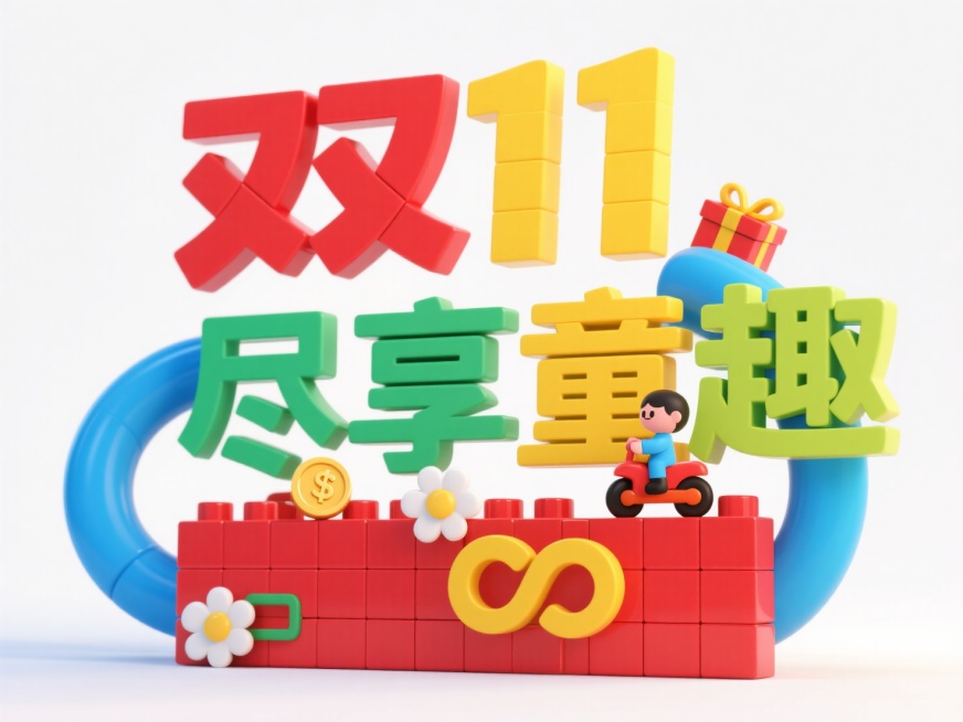 "双11 尽享童趣"，乐高积木字体设计，中文艺术字由积木拼接组成，颜色鲜艳丰富（红、黄、蓝、绿），每个字只能有一个颜色，搭配卡通小人、金币、礼盒、小花，背景为白色。高饱和色彩。预览效果