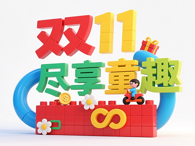 "双11 尽享童趣"，乐高积木字体设计，中文艺术字由积木拼接组成，颜色鲜艳丰富（红、黄、蓝、绿），每个字只能有一个颜色，搭配卡通小人、金币、礼盒、小花，背景为白色。高饱和色彩。