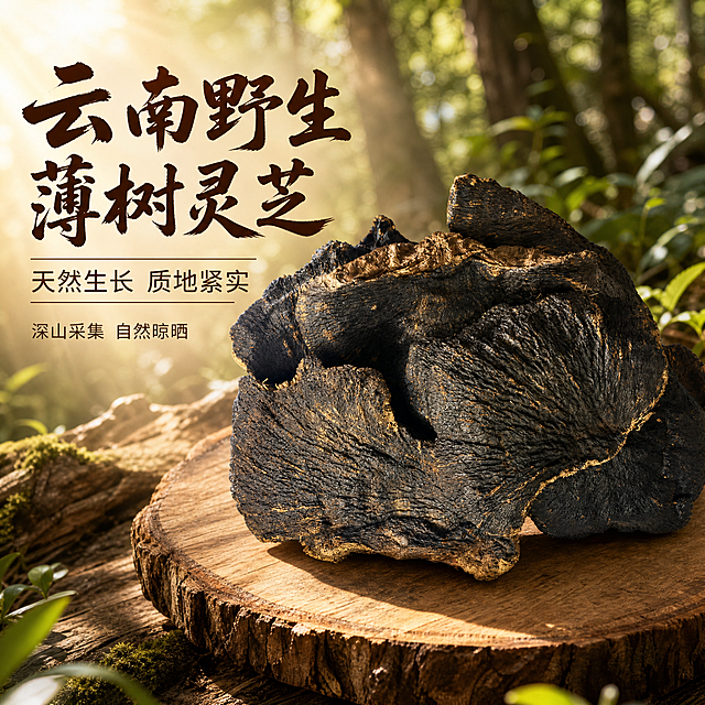 [主图-1] 云南野生薄树灵芝首图，突出天然野生品质与产地氛围，吸引点击。
[统一基调] 自然质朴风格，深棕木色与暖金色为主色调，主标题用粗笔书法体深褐色，辅助文字用细黑体浅褐色，整体温暖有质感，传递山林野生的天然感。
[画面] 画面中央偏右放置整块完整的薄树灵芝，展示其乌黑有光泽的菌盖表面与天然生长的不规则形态，灵芝下方垫着古朴的原木砧板，背景是虚化的云南山林原始森林景象，阳光透过树叶洒下斑驳光影，营造深山野生的产地氛围。左侧留白放置主标题文字。灵芝占画面约60%，视角为45度俯视，完整展示灵芝形态不切割。
[光影质感] 自然暖光从左上方斜射，在灵芝表面形成自然高光与阴影，体现灵芝木质纹理与坚硬质感，菌盖表面有自然光泽，边缘保留野生生长的自然形态，商业摄影质感，画面通透有层次。
[配色] 深褐色主标题，浅褐色辅助文字，原木色砧板，深绿色山林背景，整体暖棕色调统一和谐。
[文字版式] 左侧上方主标题大字"云南野生薄树灵芝"，下方辅助文字"天然生长 质地紧实"，再下方小字"深山采集 自然晾晒"，文字左对齐排列，字体清晰不遮挡主体。禁止出现"产地直发"字样。
[输出要求] 1:1正方形，2048*2048，产品清晰完整，文字清晰可读，画面干净有质感。负向：变形、错字、模糊、杂乱、水印、平台Logo、人工种植大棚、塑料包装、"产地直发"字样。
