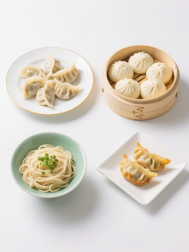 纯白色背景下，四个规整排布的美食摄影图像组成的系列素材集合，保持与原图一致的高写实风格、明亮均匀的顶光照明、细腻的食物质感表现和浅景深效果，分别展示：左上为盛放在带金边白瓷盘里的饱满蒸饺，右上为整齐码放在竹制蒸笼中的褶皱包子，左下为撒着葱花、盛在青瓷碗里的劲道面条，右下为摆放在方形白瓷碟中的金黄煎饺，所有面食元素均呈现新鲜、诱人的视觉效果，整体构图对称平衡，色调统一为食材自然色泽与白色背景的干净搭配。